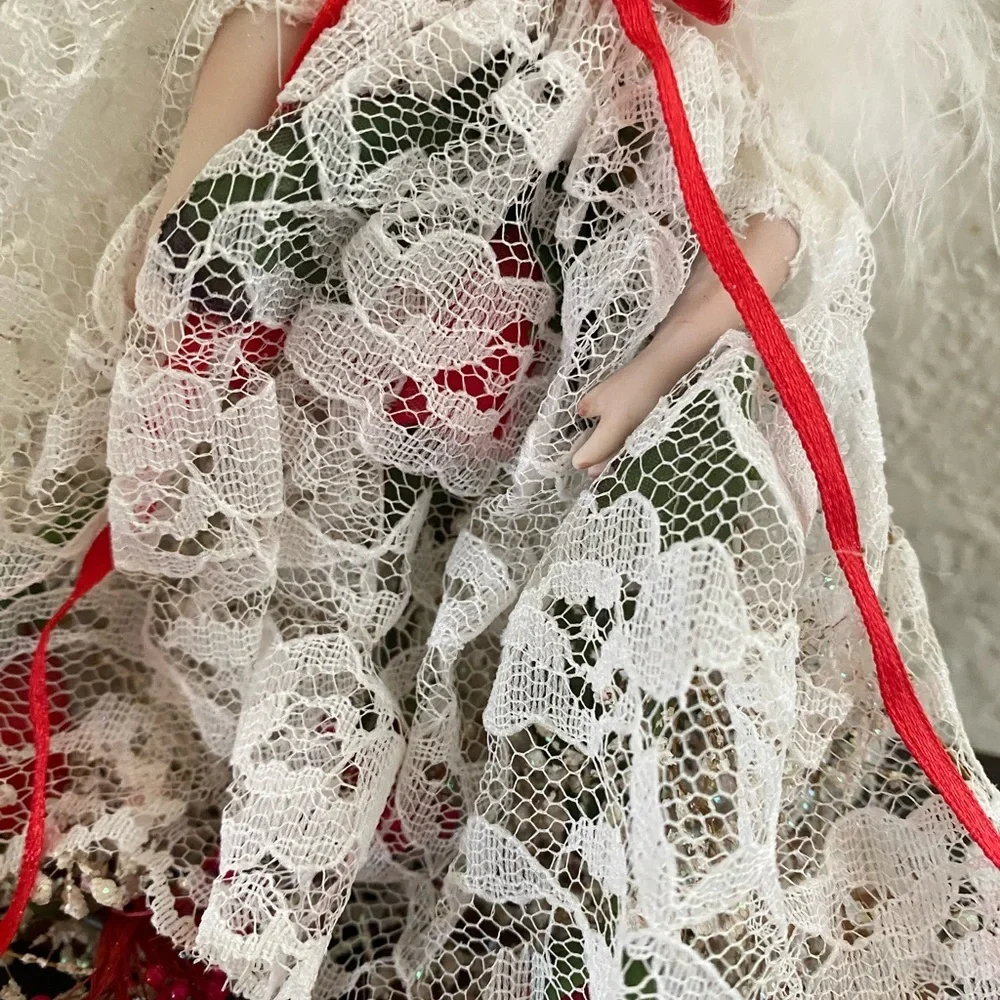 VTG Angel Feather Wings Porcelain Face Ornament Lace Dress Roses Baby Breath 8”L